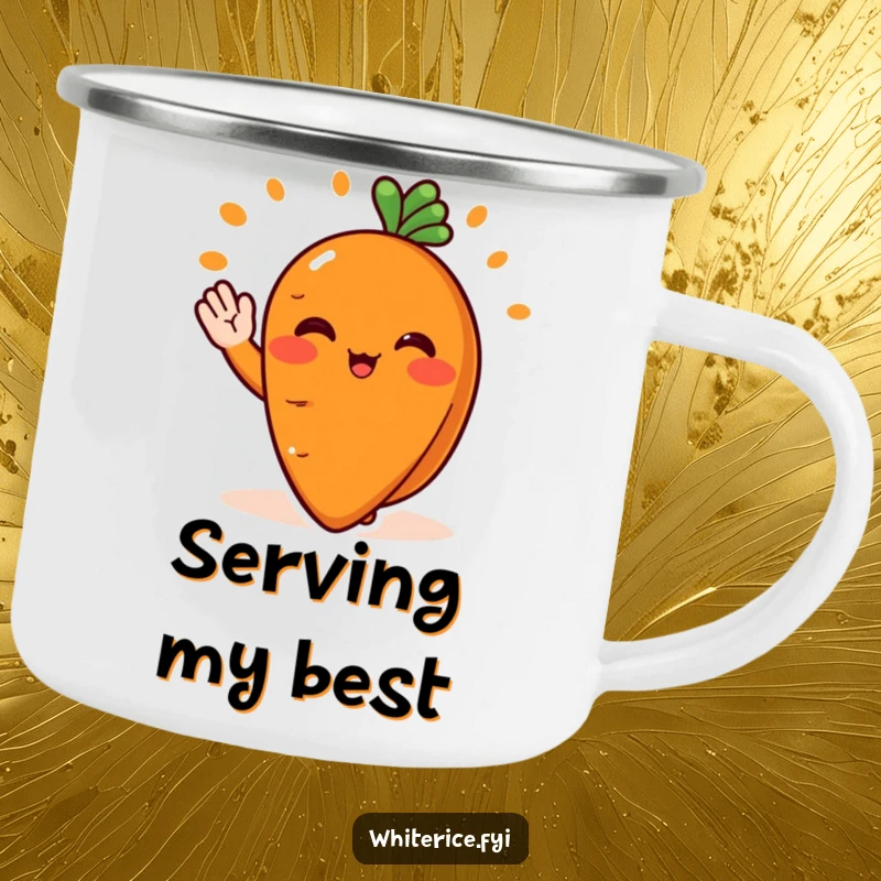 Funny camping mug with a blushing orange carrot slice character serving food with a cheerful wave, perfect for happy outdoor moments.