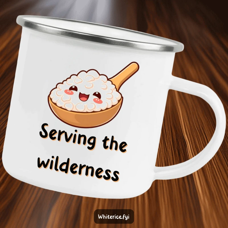 Funny camping mug featuring a cheerful rice paddle offering a spoonful of rice, perfect for outdoor adventures.