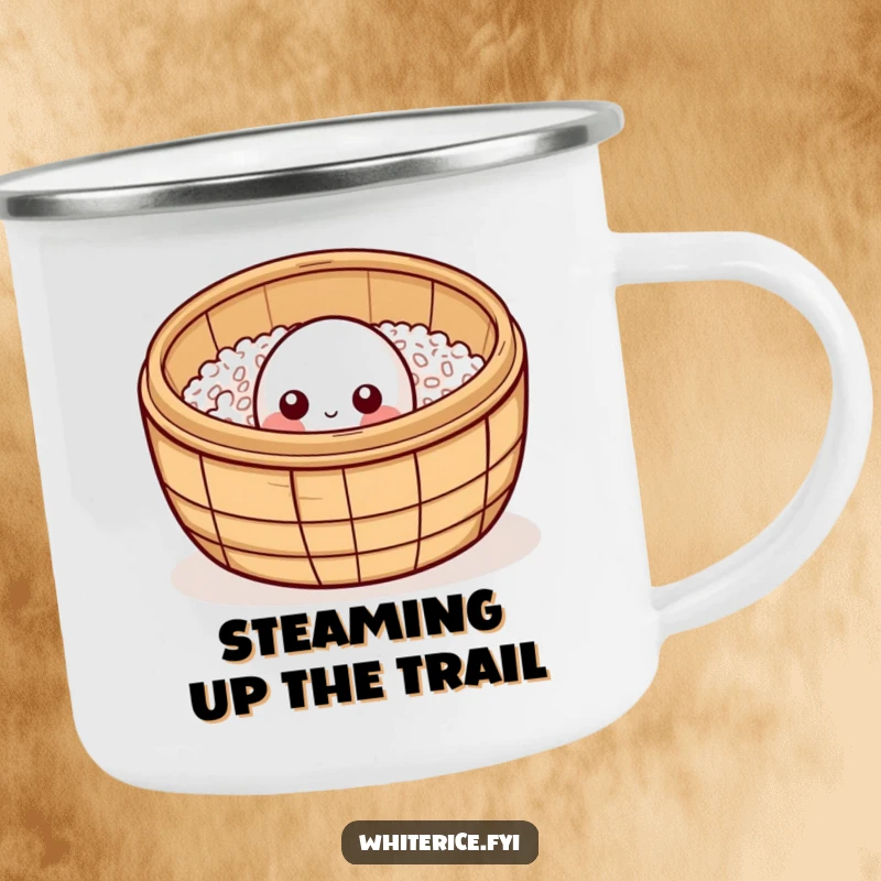 Funny curious rice grain camping mug, peeking from bamboo steamer, durable and humorous outdoor drinkware.