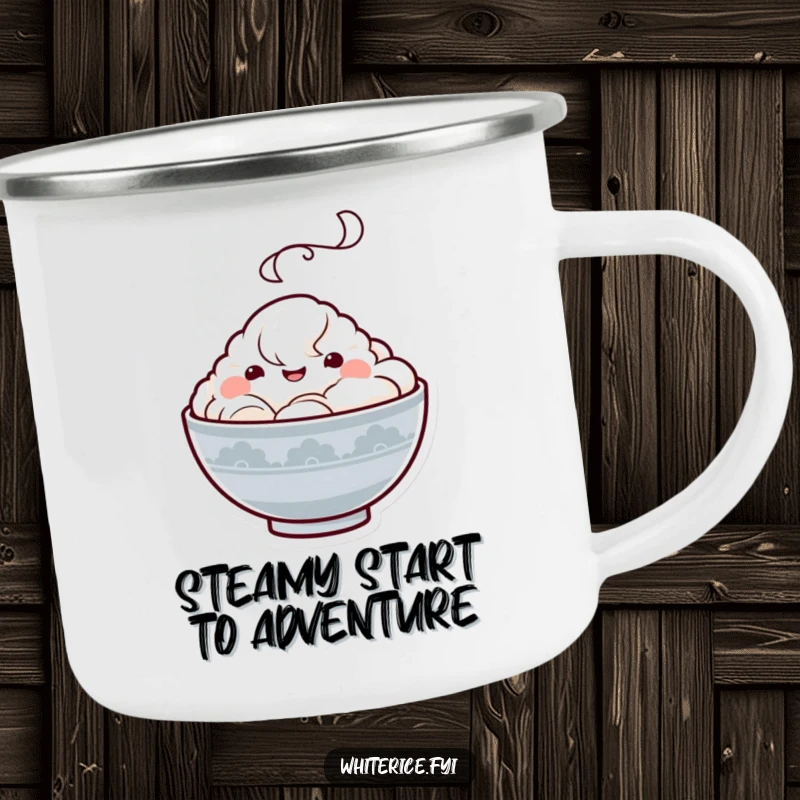 Funny Kawaii rice bowl camping mug featuring a happy character with a steam cloud, designed for durability and outdoor smiles, a fun gift.