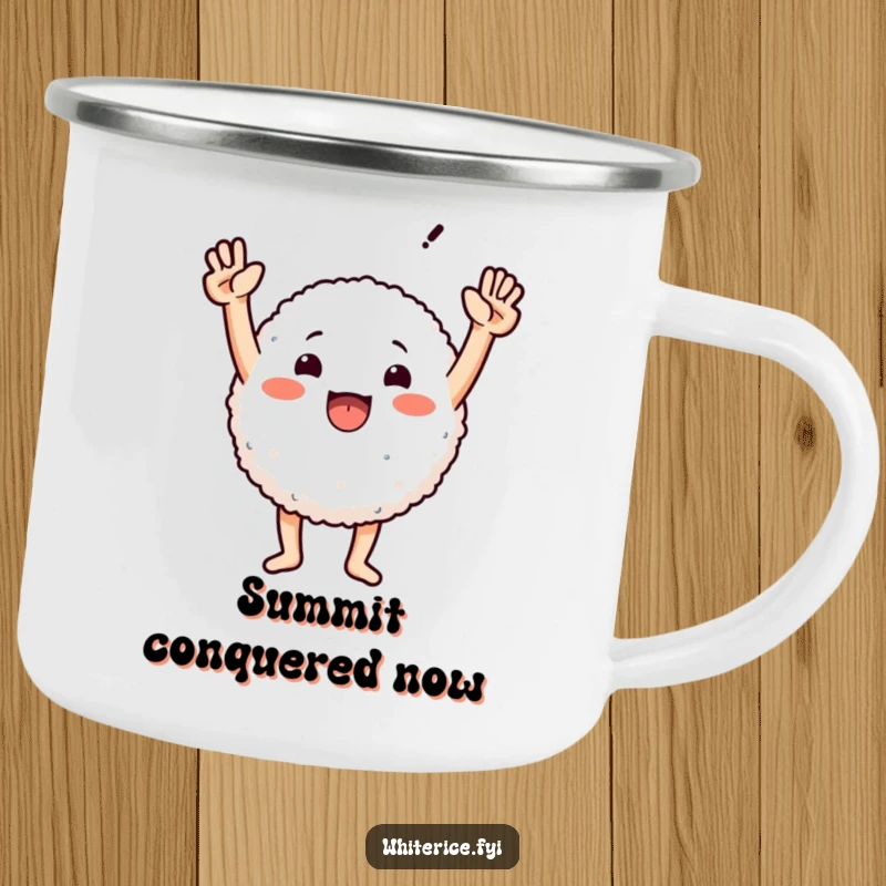 Funny camping mug showcasing a round rice character with triumphant arms raised, perfect for celebrating nature's victories.
