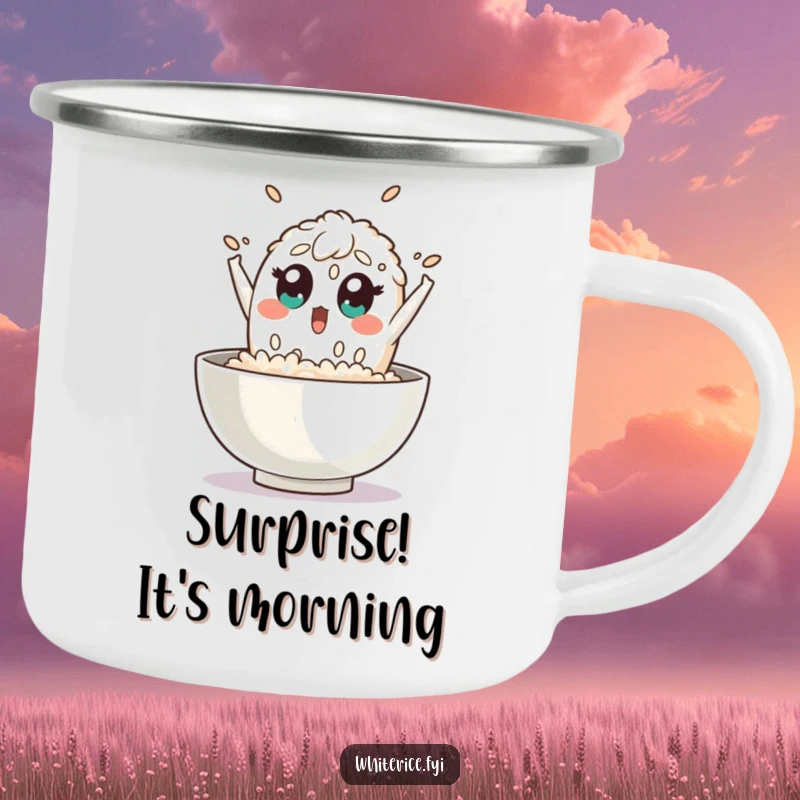 Funny rice camping mug shows a surprised grain of rice character leaping out of a bowl with wide eyes, perfect for outdoor surprise.