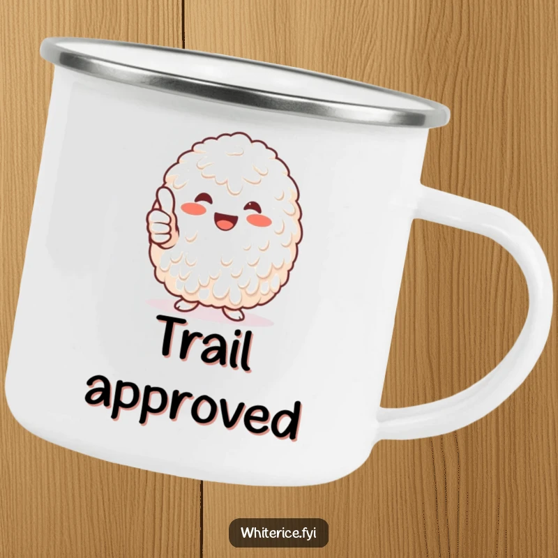 Funny heap of white rice giving a thumbs-up camping mug, durable and cheerful for all your outdoor beverages.