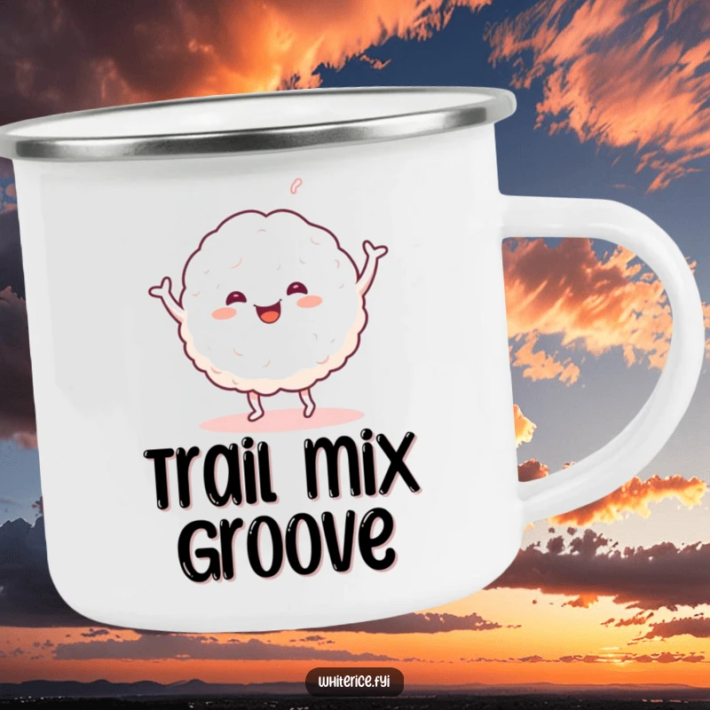 Funny camping mug featuring a happy glob of sticky white rice dancing cheerfully. Durable and fun.