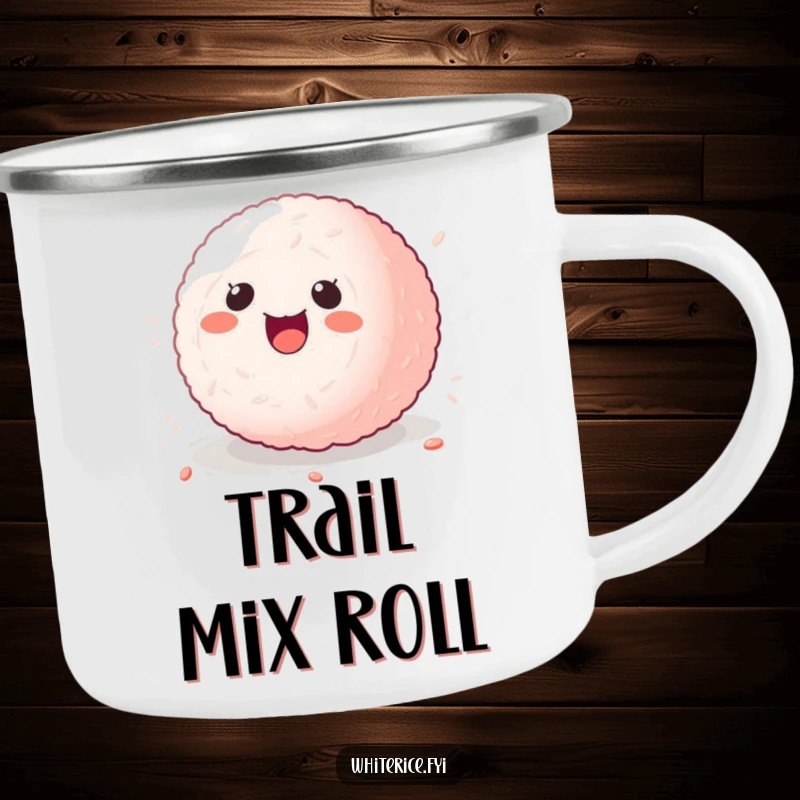 Funny kawaii sticky rice ball camping mug, character rolling with delight, sturdy and amusing outdoor mug.