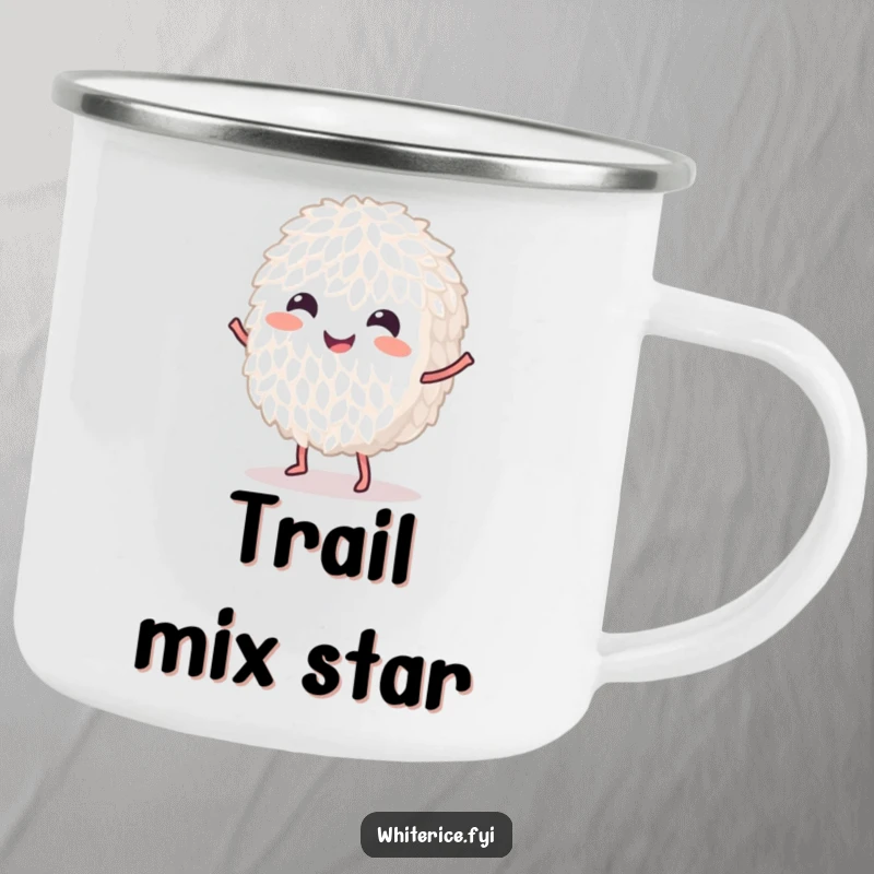 Funny dancing white rice grain camping mug, perfect for outdoor brews and adding a touch of lighthearted fun.