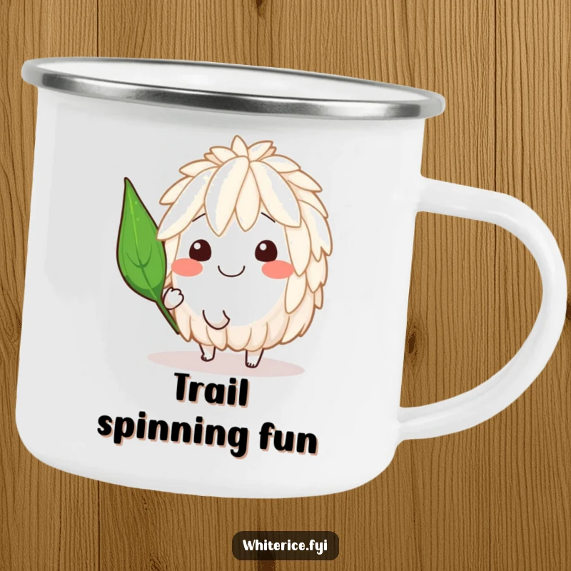 Funny camping mug of a smiling rice character spinning happily with a jaunty leaf, ideal for outdoor enjoyment.