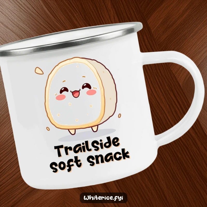 Funny kawaii camping mug with a cheerful bouncing rice cake character, perfect for outdoor enjoyment.