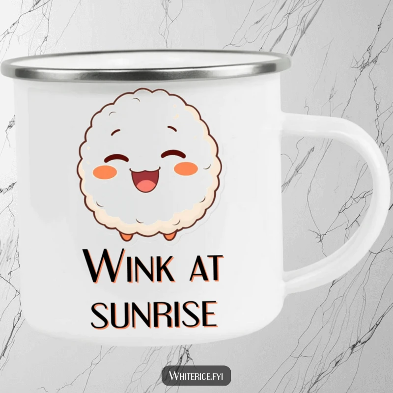 Funny camping mug with a delighted rice ball character giving a charming wink, designed for outdoor fun and playful moments.
