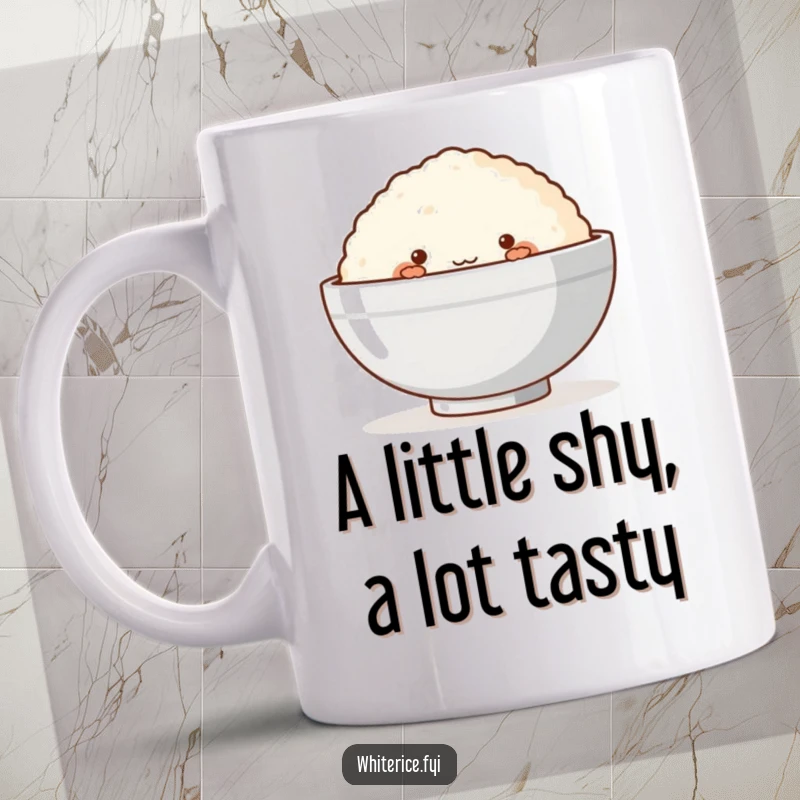 Funny mug featuring a blushing rice cake shyly peeking from behind a larger bowl with adorable charm.