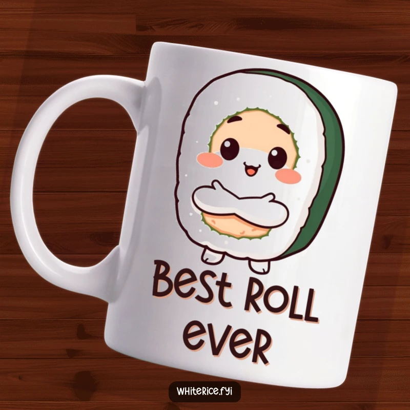 Funny Proud Sushi Mug featuring a beaming Kawaii sushi roll character standing with crossed arms, exuding confidence and delicious pride.