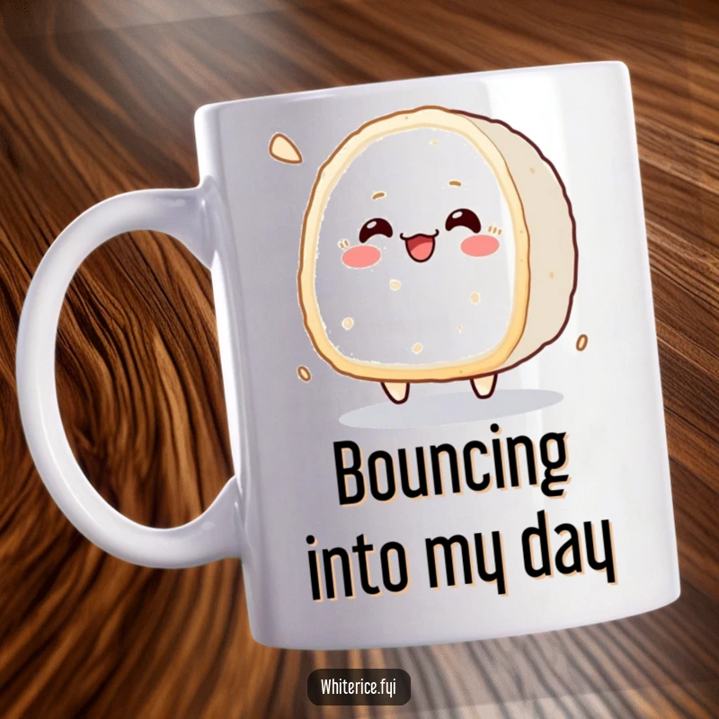 Funny kawaii rice cake character cheerfully bouncing with a soft thud on a cute mug.