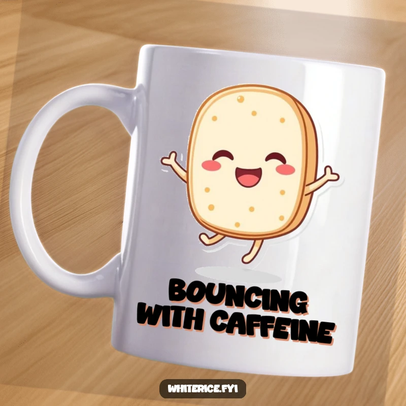 Funny mug featuring a happy, anthropomorphic rice cake character joyfully bouncing with pure, unadulterated glee.