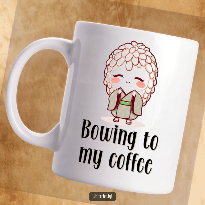 Funny mug featuring a smiling grain of rice in a tiny kimono, bowing politely. A charming gift.