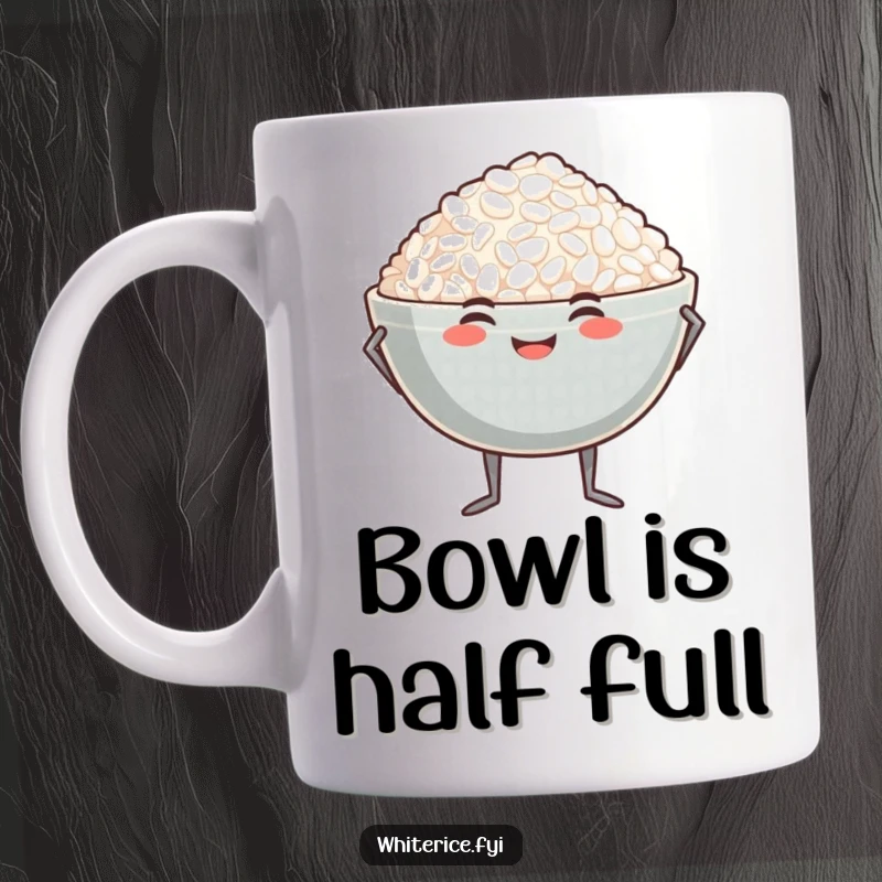 Funny proud rice bowl mug featuring a smiling bowl of rice with tiny legs striking a confident pose.