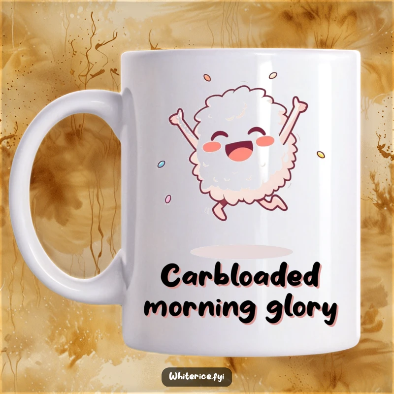 Funny mug featuring a delighted white rice grain performing a triumphant leap, expressing joy and accomplishment with a funny, energetic pose.
