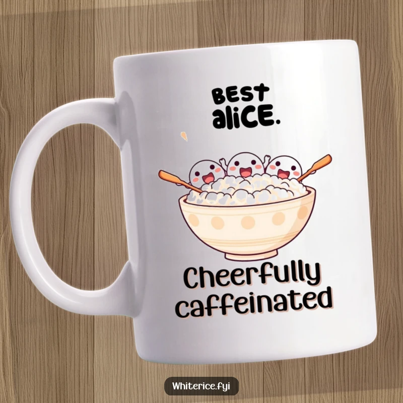 Funny mug depicting an excited bowl of rice characters cheering enthusiastically with tiny spoons, radiating pure joy.