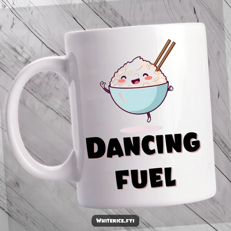 Funny happy white rice bowl mug, dancing with chopsticks, showcasing a joyful and energetic food illustration.