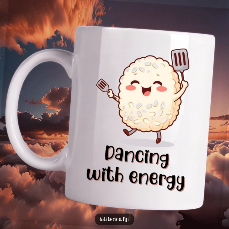 Funny, plump grain of rice character joyfully dancing with a tiny spatula, conveying happiness and culinary spirit.