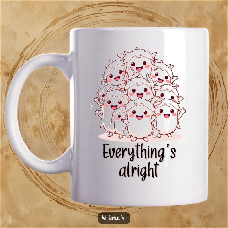 Funny smiling white rice characters mug, giving a thumbs up, symbolizing deliciousness and approval.