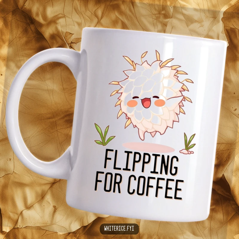 Funny animated white rice grain character captured mid-somersault on a mug, embodying playful energy and joyful movement.