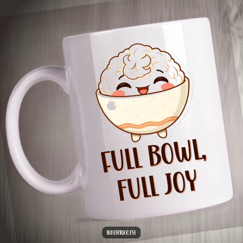 Funny mug with a delighted, anthropomorphic rice bowl character beaming with satisfaction, radiating pure happiness and contentment.