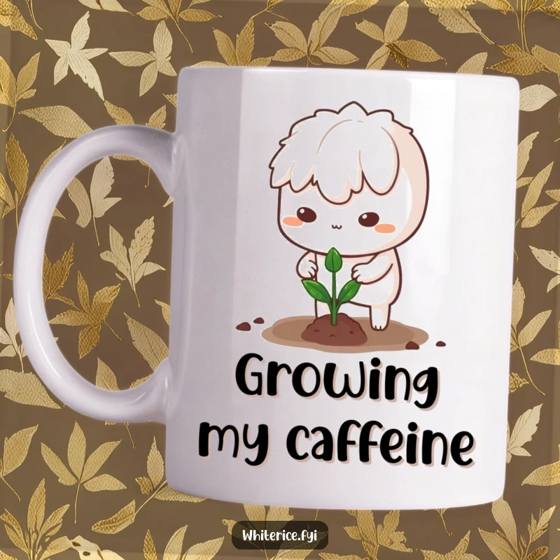 Funny mug featuring a determined white rice character planting a tiny sprout with focus and grit.