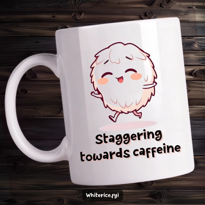 Funny mug showing a giggling rice character doing a funny, unsteady stagger, capturing a moment of pure, comical joy.