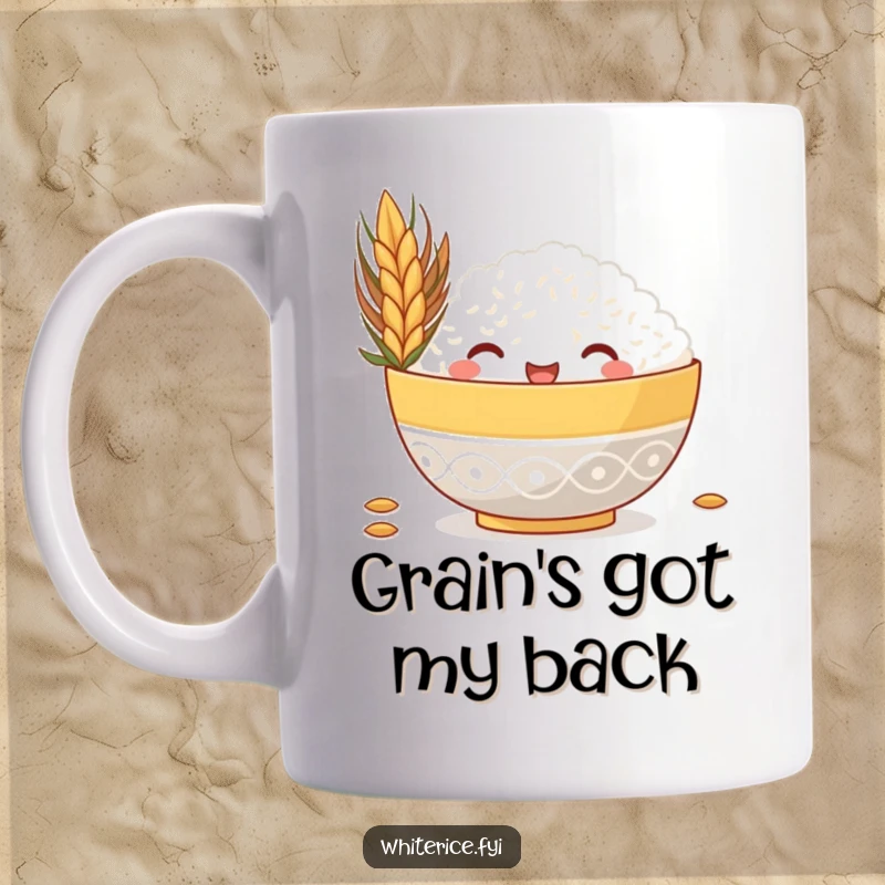Funny mug featuring a happy rice bowl peeking playfully from behind a giant grain, showcasing a cute and humorous food character.