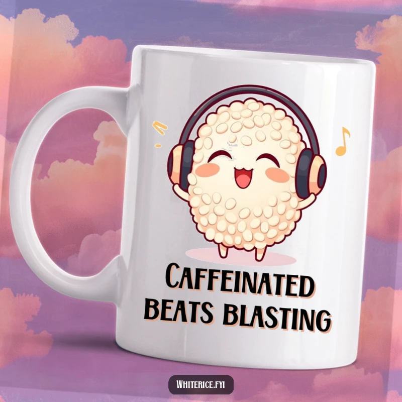 Funny happy rice grain mug, wearing earmuffs, listening to music, joyful food character design.