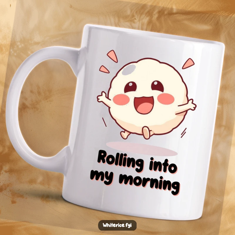 Funny Kawaii risotto ball mug with an excited character joyfully rolling, conveying playful energy and fun, an ideal humorous gift.