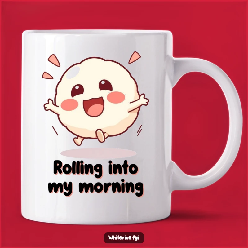 Funny Kawaii Risotto Ball Mug: Excited Rolling Character, Playful Joyful Gift