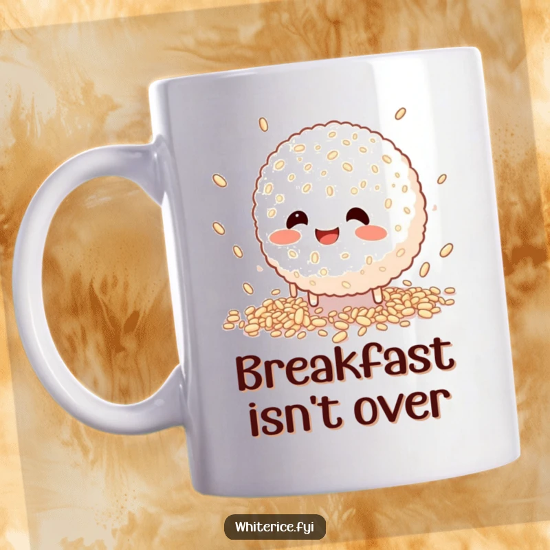 Funny mug showing a happy, clumsy rice ball character failing to catch falling grains, symbolizing lighthearted struggles.