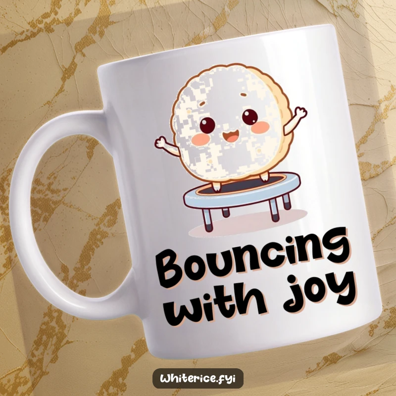 Funny mug featuring a giggling rice cake bouncing energetically like a mini trampoline with pure delight.