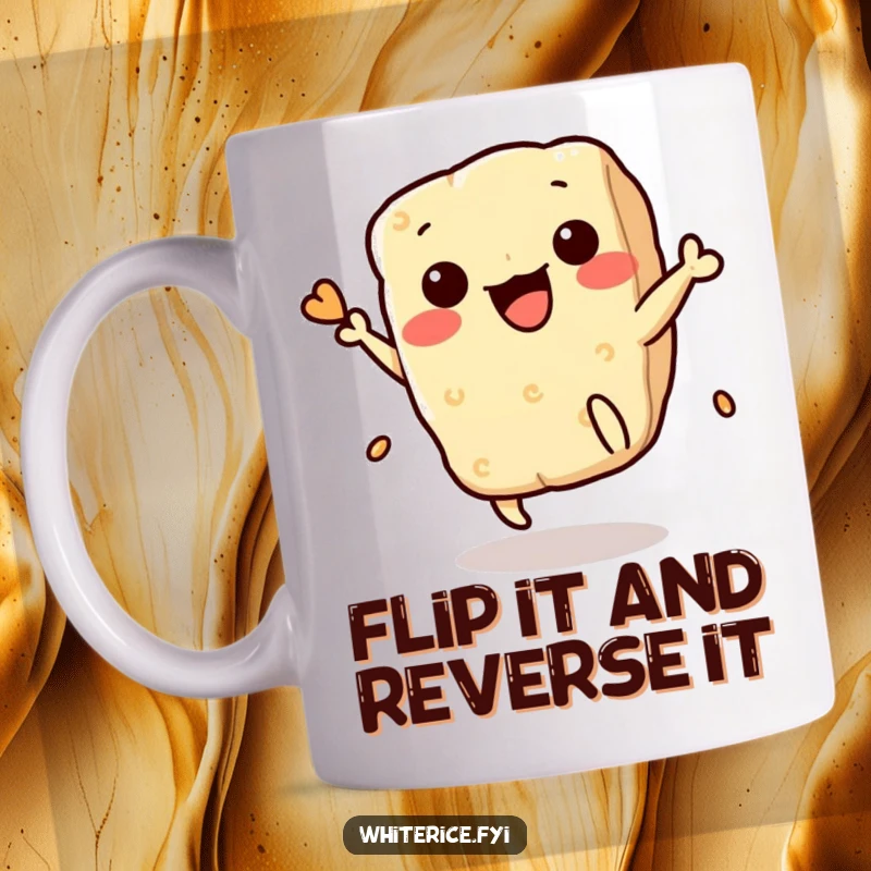 Funny Rice Cracker Mug featuring a cute Kawaii character mid-flip, showcasing its acrobatic skills and playful spirit, a true snack-tastic moment.