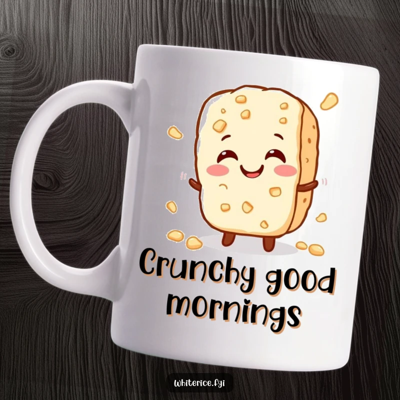 Funny mug with a cheerful, small rice cracker character that crumbles slightly with a happy crunch, embodying crispy joy.