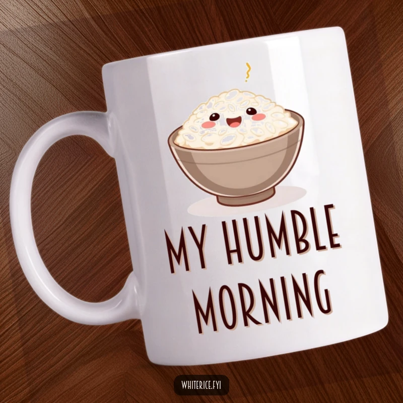 Funny Rice Grain Mug showing a happy rice grain being served in a small bowl, symbolizing comfort and culinary delight.