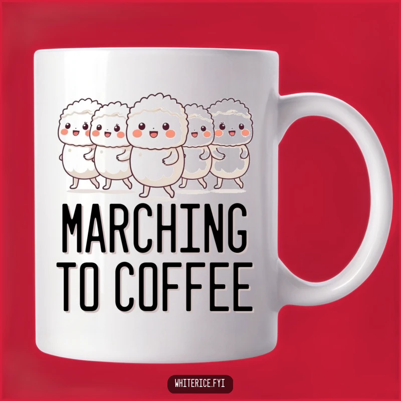 Funny Rice Marching Mug: Cheerful Characters in Formation Make a Great Gift