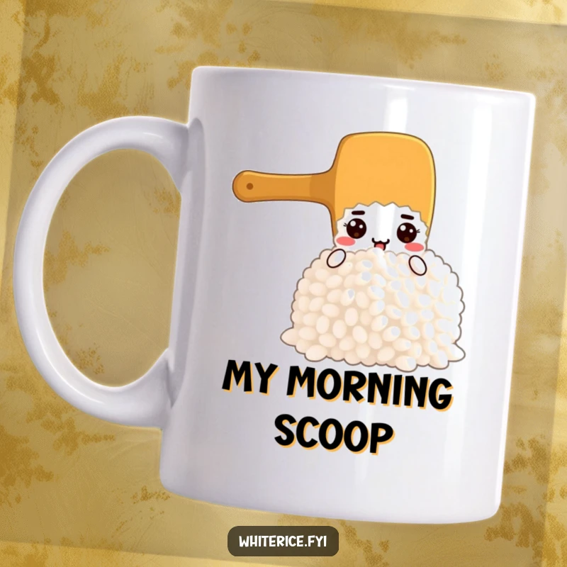 Funny mug featuring a determined rice paddle character heroically scooping a large, fluffy portion of rice, embodying dedication.