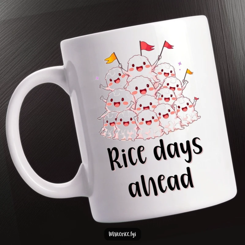 Funny mug showcasing a smiling pile of white rice characters cheering and waving tiny flags with enthusiasm.