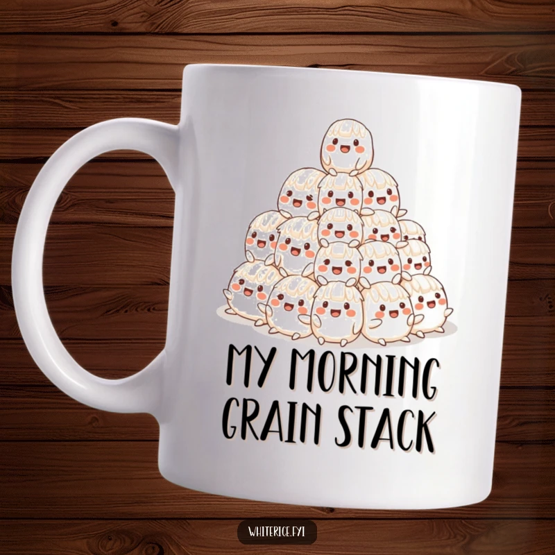 Funny mug showing a cheerful, wobbly pyramid of smiling rice characters stacking up, symbolizing fun and lightheartedness.