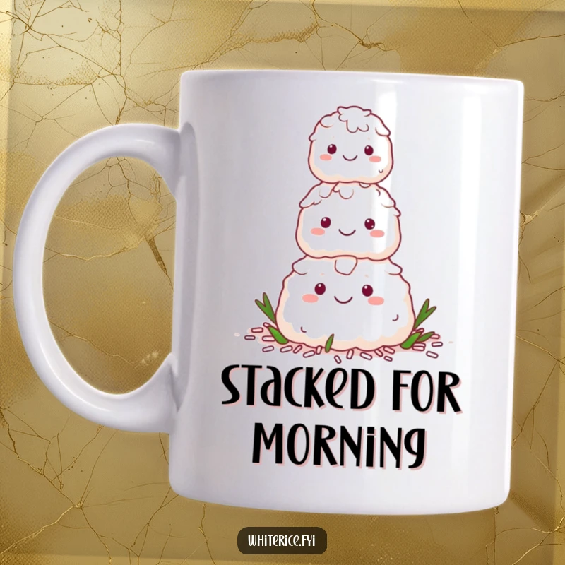 Funny mug showcasing a smiling stack of white rice characters forming a cheerful small pyramid.