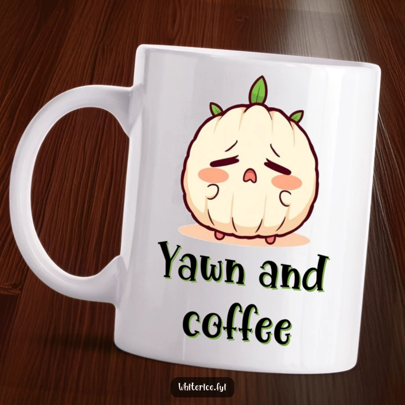 Funny mug depicting a very sleepy rice grain character yawning widely with eyes closed, embodying pure exhaustion.