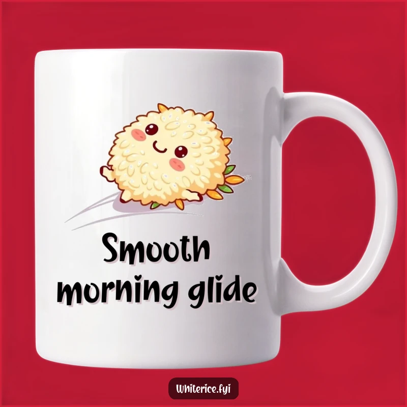 Funny Sliding Rice Mug: Playful Character on Smooth Surface, Fun Gift