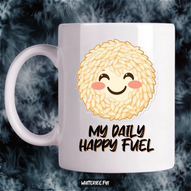 Funny mug featuring a cheerful bunch of rice grains forming a happy smiley face. A symbol of pure joy.