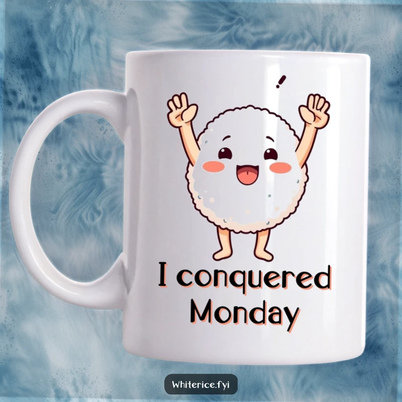 Funny mug featuring a round rice character with arms triumphantly raised, celebrating a big win with a joyful expression.