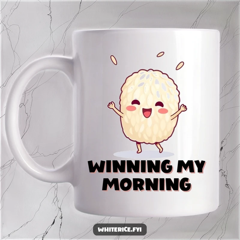 Funny mug featuring a delighted single grain of rice doing an energetic victory dance with a happy expression.