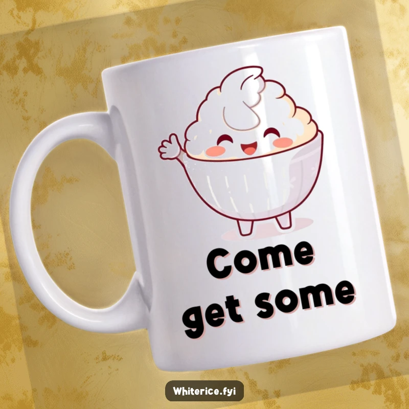 Funny mug featuring a delighted white rice bowl character with a friendly smile, offering a warm, welcoming gesture.