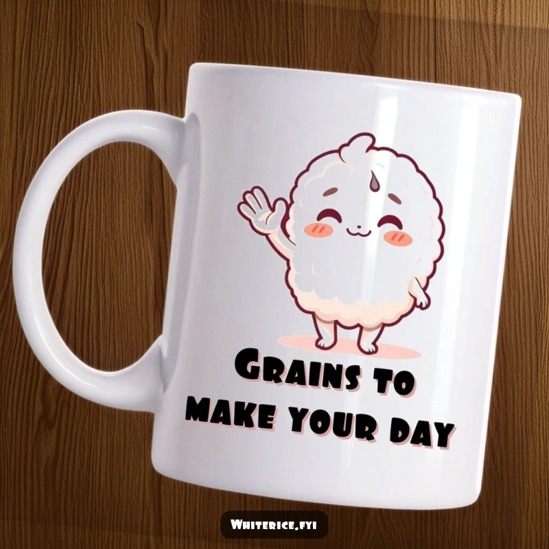 Funny rice character mug with a joyful expression, offering a friendly welcoming wave. Perfect for spice lovers and anyone needing a smile.