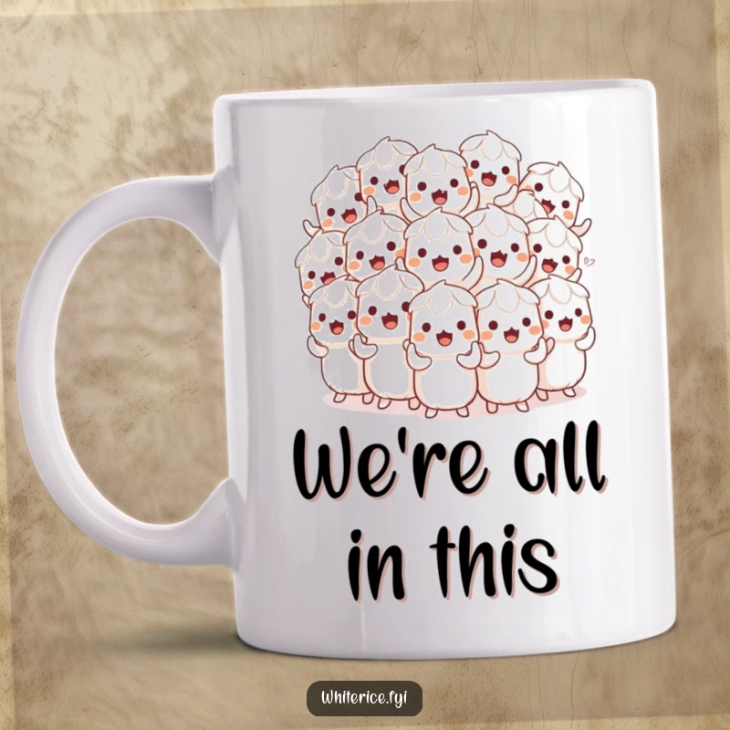 Funny mug showcasing a playful pile of white rice characters in a synchronized, hilarious wiggle, radiating good vibes.